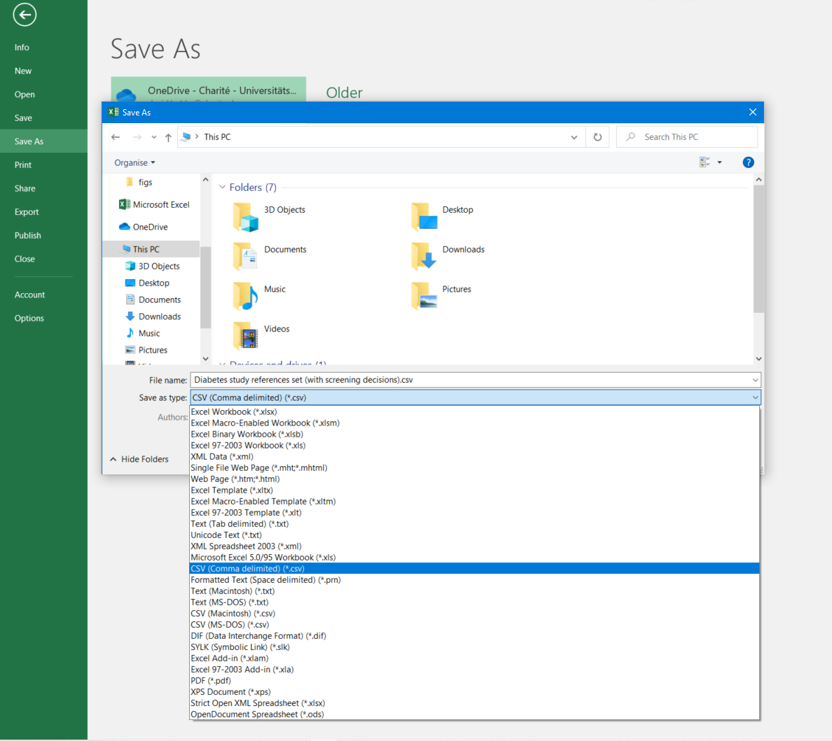 Screenshot showing how to save as CSV in Excel